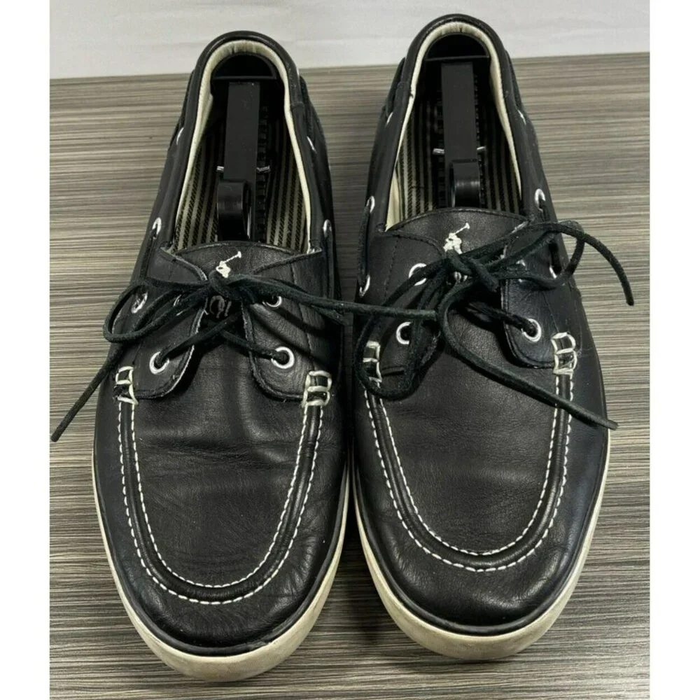Polo Ralph Lauren Men's Boat Shoes 10 Navy Blue‎ Pony Sander Tie Slip On Canvas